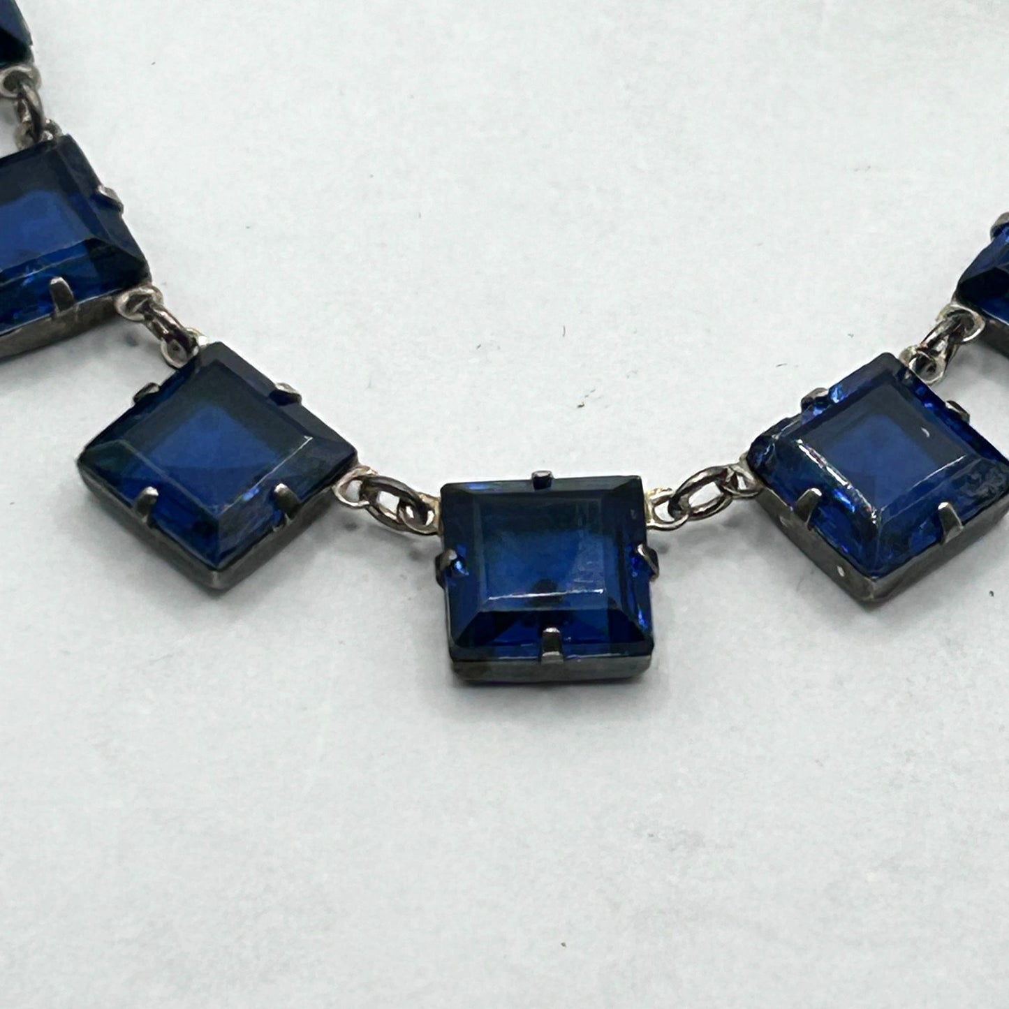 925 Sterling Silver and Blue Rhinestone Station Link Necklace 17"