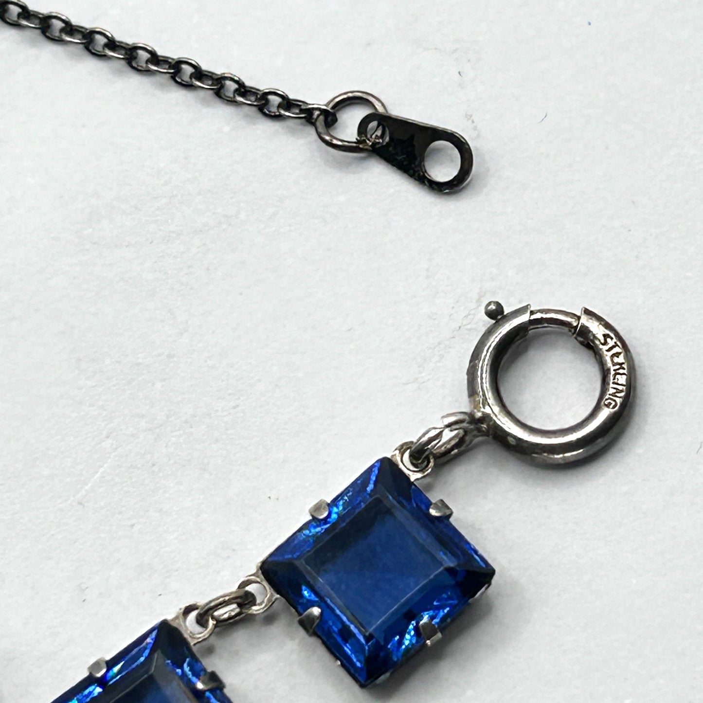 925 Sterling Silver and Blue Rhinestone Station Link Necklace 17"