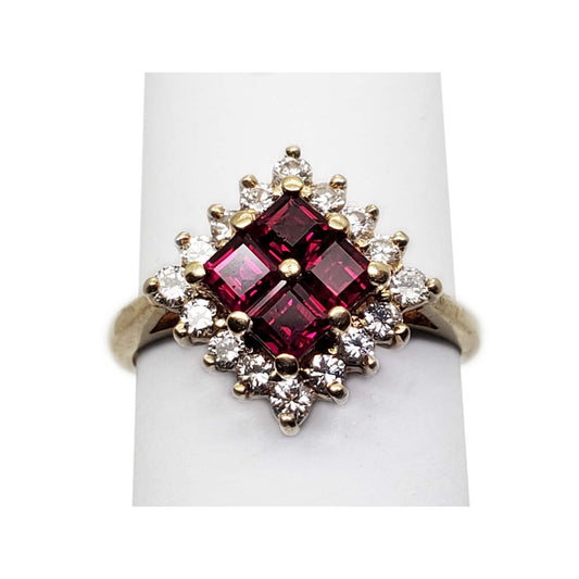 1.12 ctw Princess Ruby Cluster Diamond Halo Ring 14k Gold Size 5