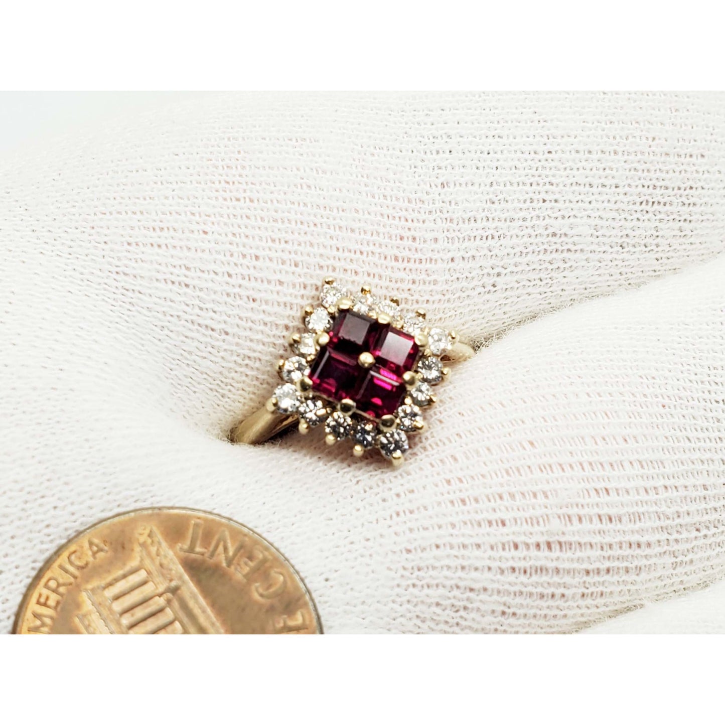 1.12 ctw Princess Ruby Cluster Diamond Halo Ring 14k Gold Size 5