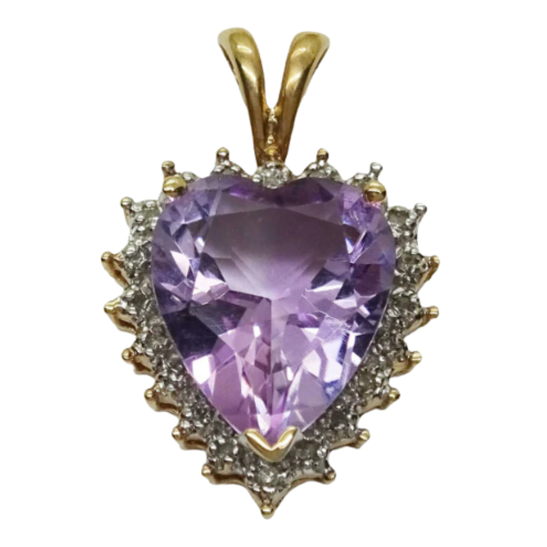 Natural Heart Amethyst & Diamond Open Heart Pendant 10k Gold