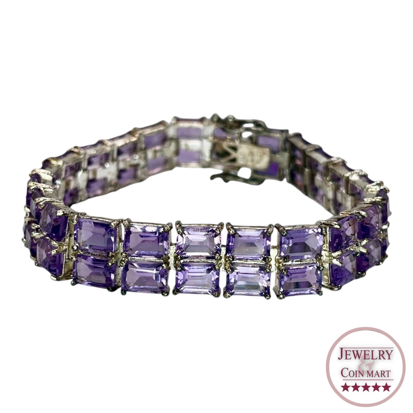 Sterling Silver Dual Strand Light Amethyst Emerald Cut Tennis Bracelet Colorful