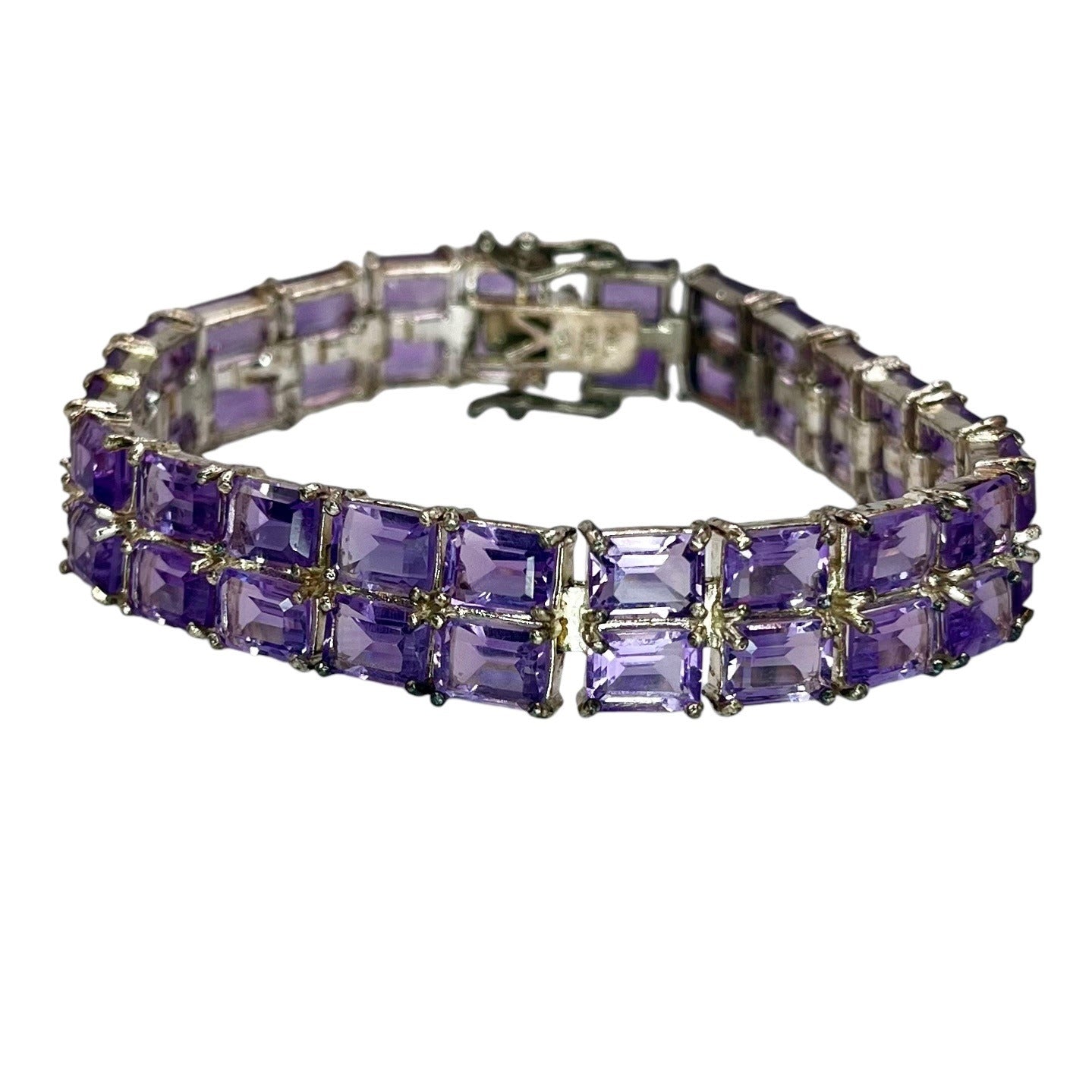 Sterling Silver Dual Strand Light Amethyst Emerald Cut Tennis Bracelet Colorful