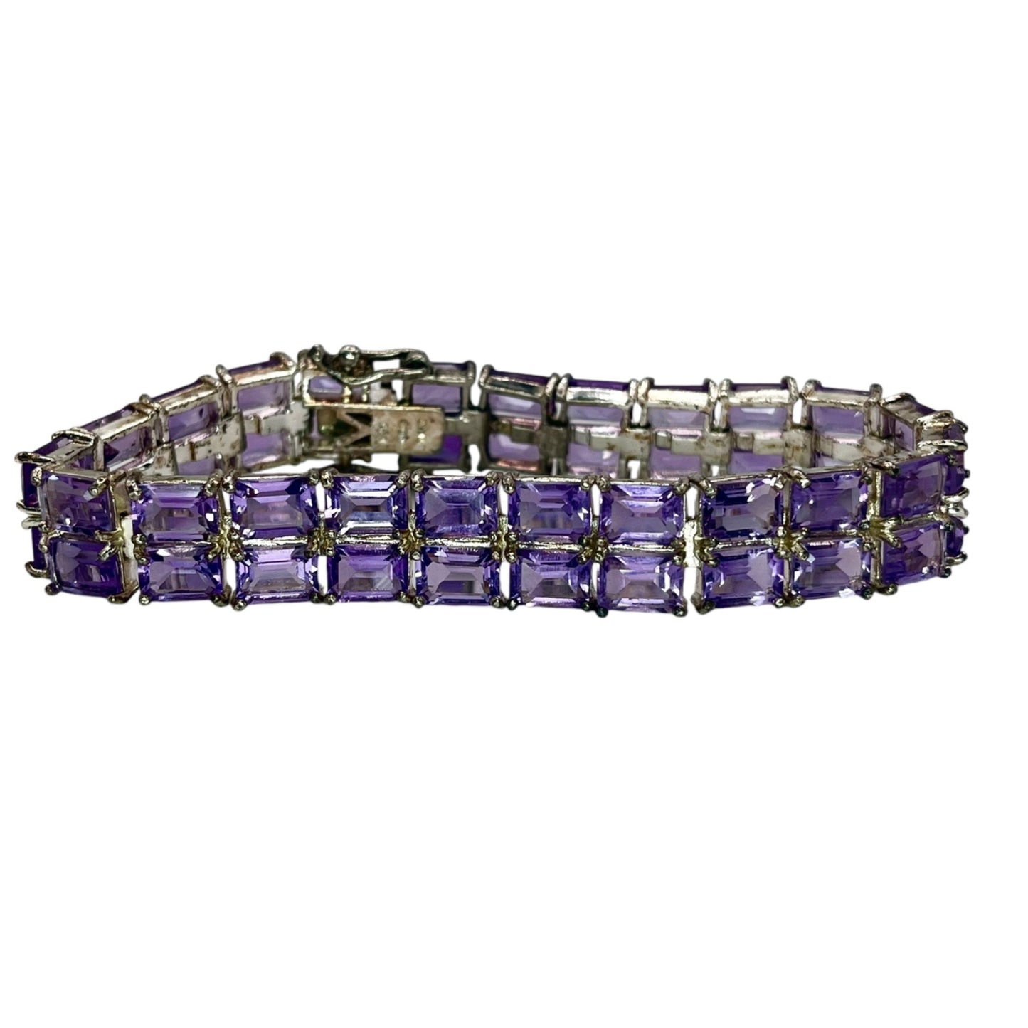 Sterling Silver Dual Strand Light Amethyst Emerald Cut Tennis Bracelet Colorful