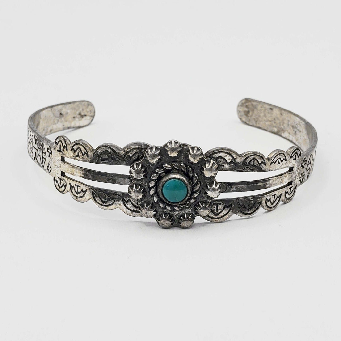 Fred Harvey Style Southwestern Turquoise Cabochon Cuff Bracelet Sterling Silver