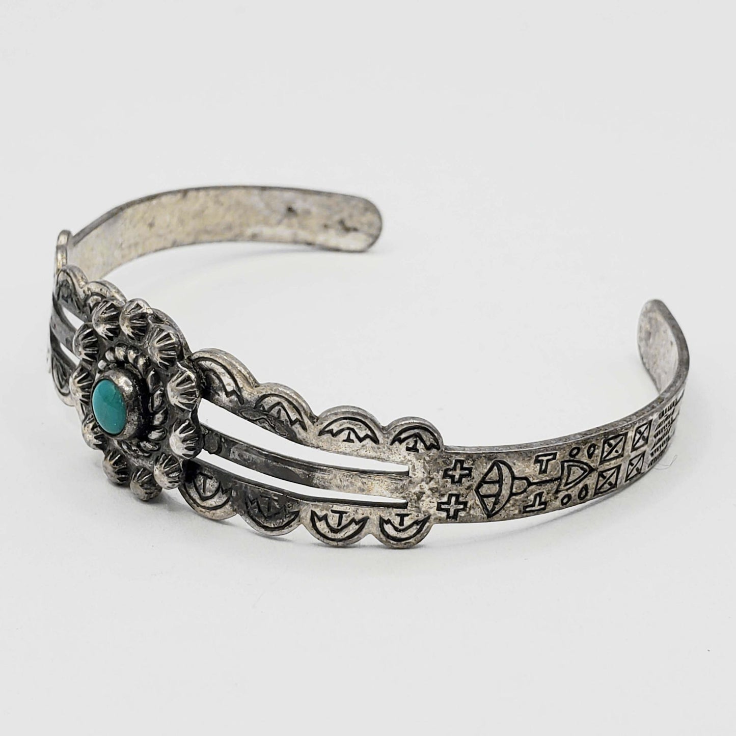 Fred Harvey Style Southwestern Turquoise Cabochon Cuff Bracelet Sterling Silver