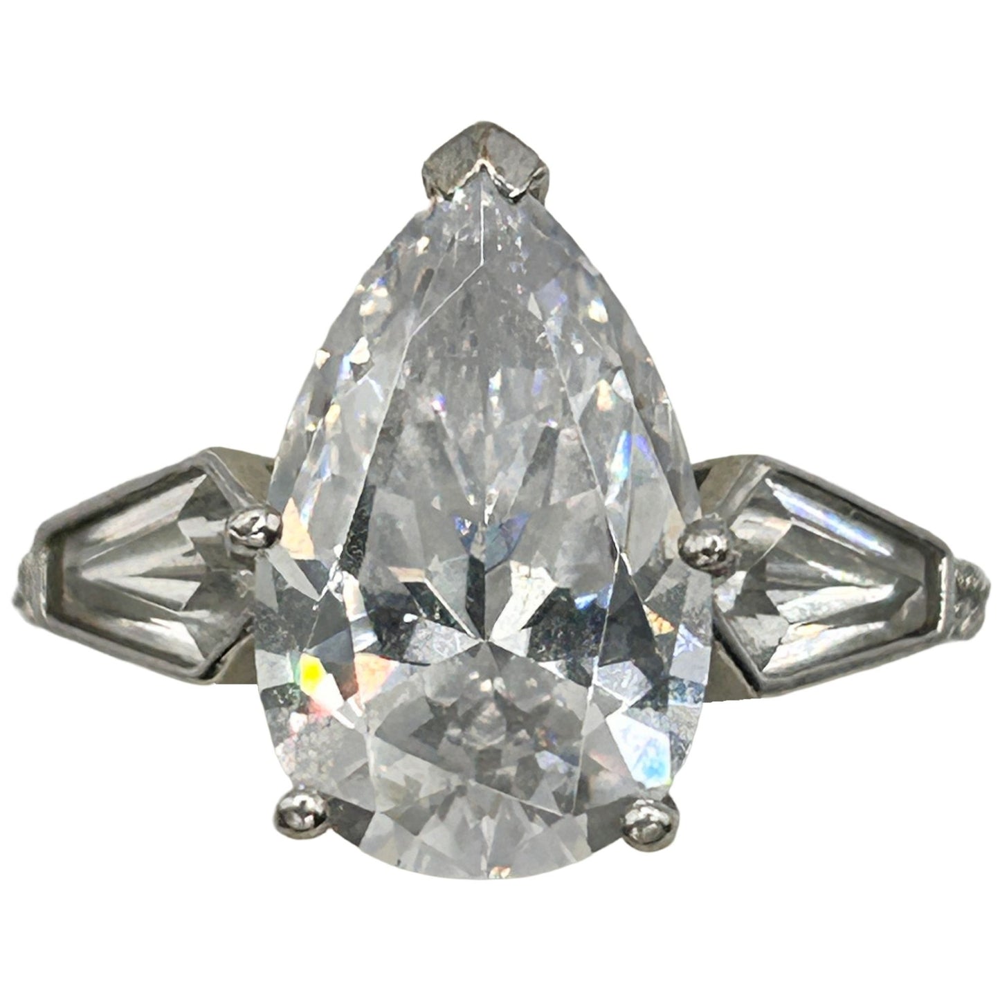 Vintage Jean Dousset 925 Sterling Silver Pear and Baguette CZ Ring - Size 6.25