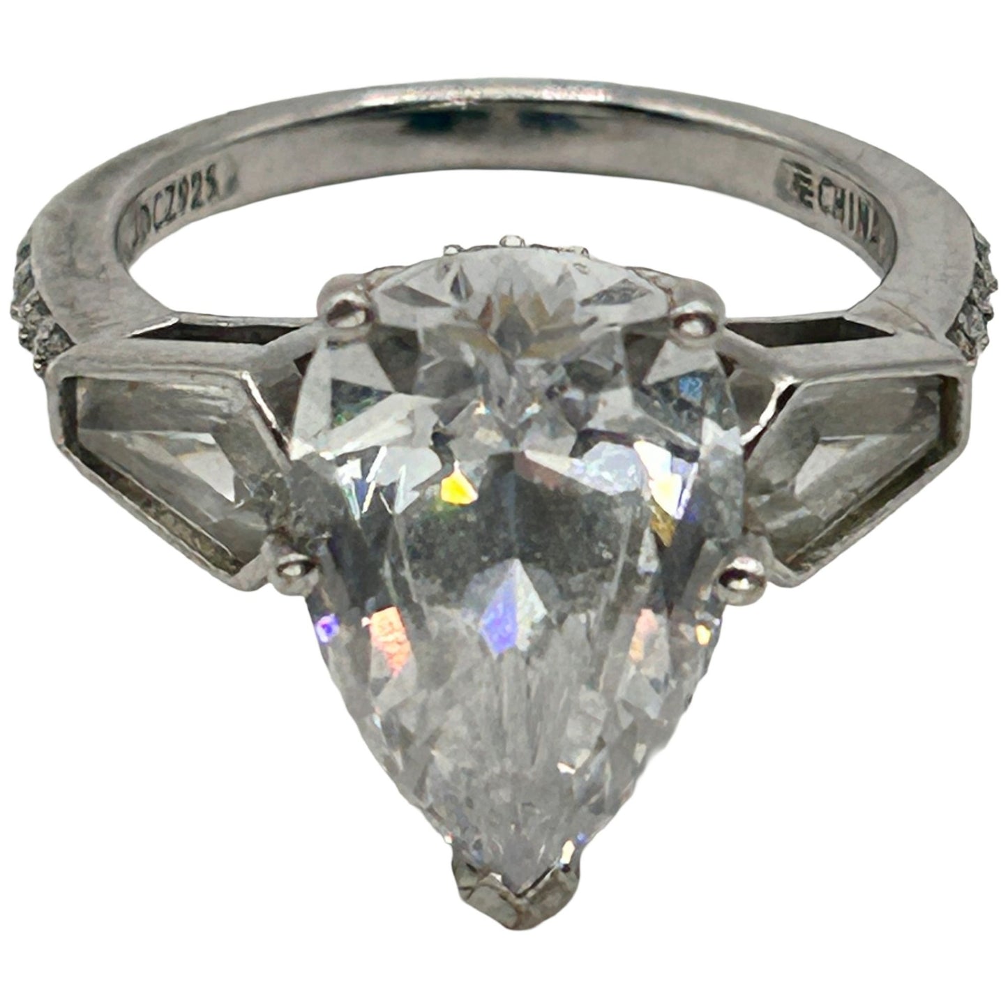 Vintage Jean Dousset 925 Sterling Silver Pear and Baguette CZ Ring - Size 6.25