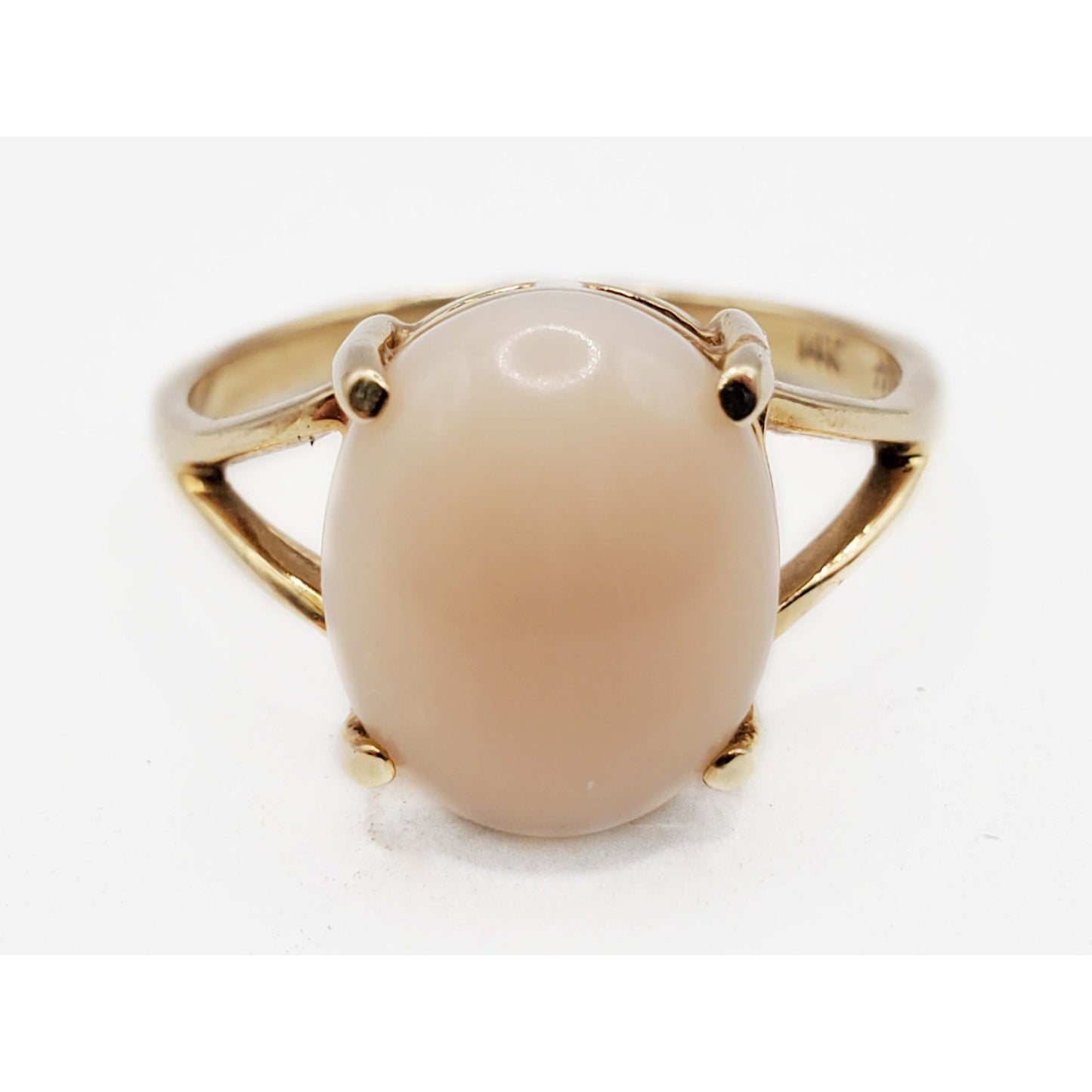 Angel Skin Coral Oval Cabochon Ring 14k Gold Size 5.5