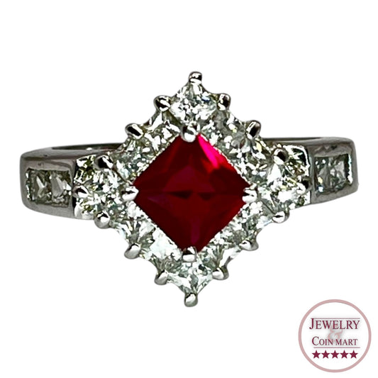 Vintage Styled Silver Tone Princess Cut Ring Cubic Zirconia Ruby Colored Stone