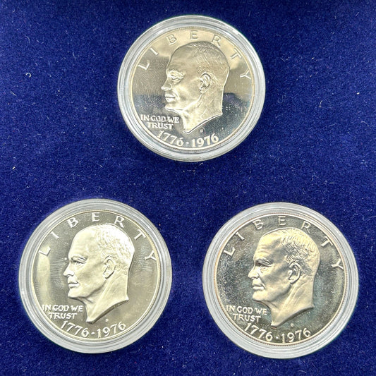 Set of 3 1976-S Eisenhower Dollar Silver Proof Variety 1 + Blue Felt Box