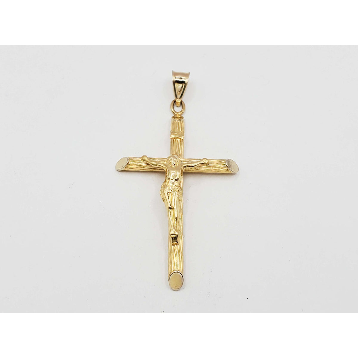Crucifix Religious Pendant Round Tube Slant Ends Dia-Cut Finish 14k Gold