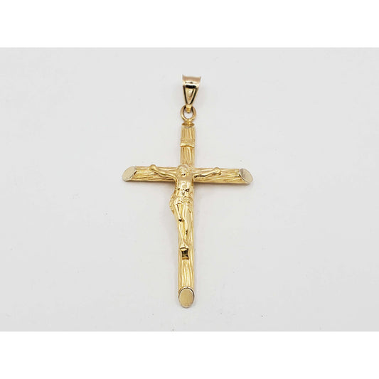 Crucifix Religious Pendant Round Tube Slant Ends Dia-Cut Finish 14k Gold