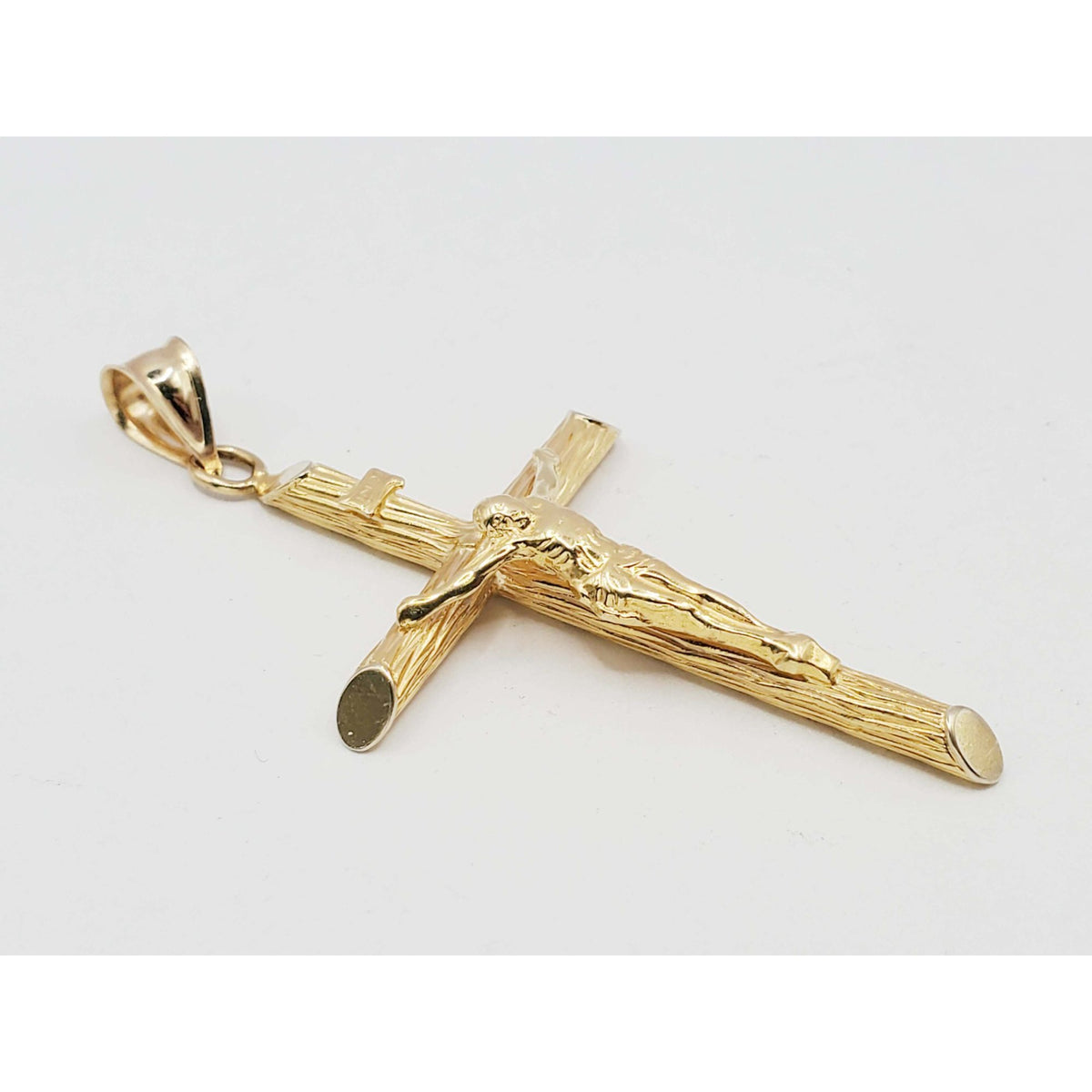 Crucifix Religious Pendant Round Tube Slant Ends Dia-Cut Finish 14k Gold