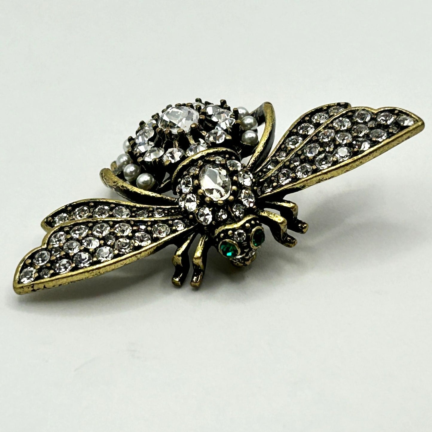 Joan Rivers Bee Pin Brooch Crystals Signed Animal Bug Statement Clear Green