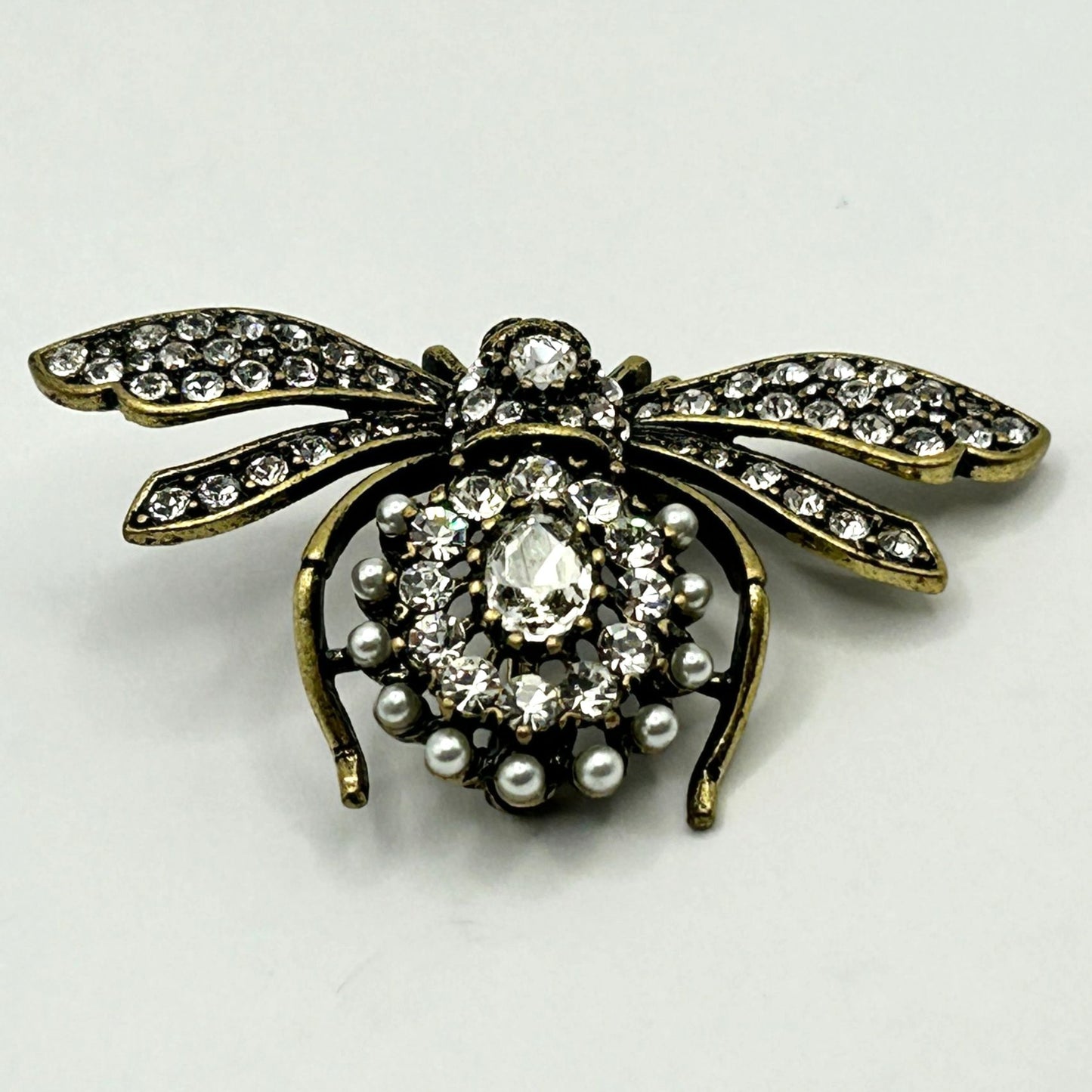 Joan Rivers Bee Pin Brooch Crystals Signed Animal Bug Statement Clear Green