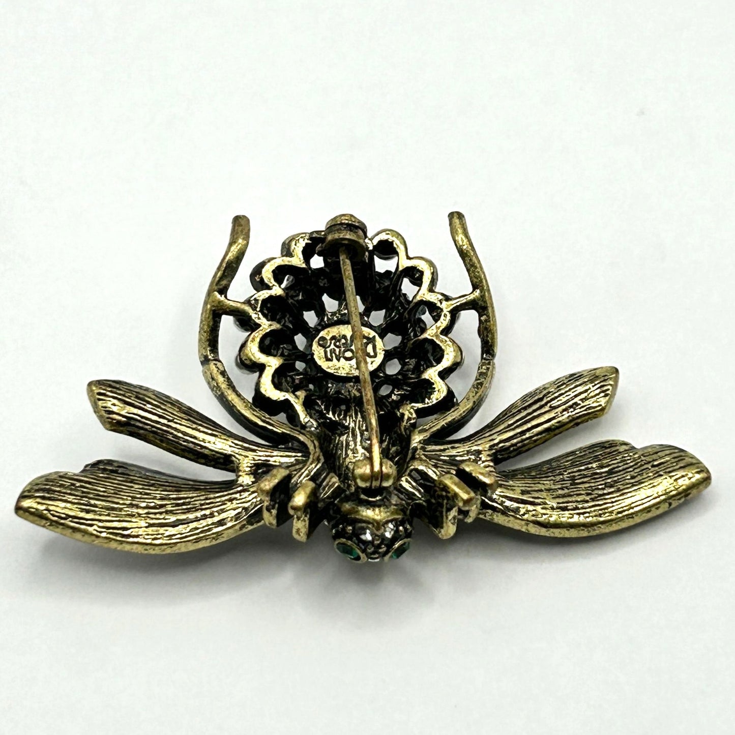 Joan Rivers Bee Pin Brooch Crystals Signed Animal Bug Statement Clear Green