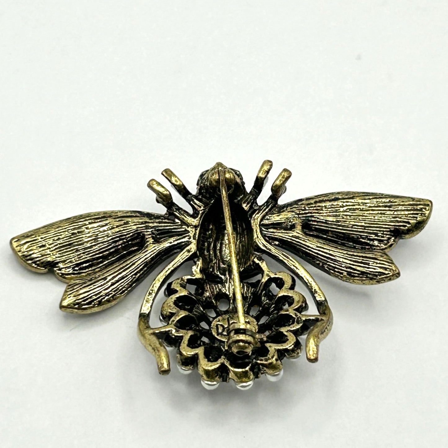 Joan Rivers Bee Pin Brooch Crystals Signed Animal Bug Statement Clear Green