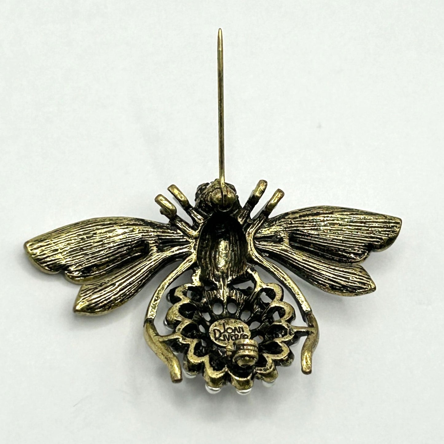 Joan Rivers Bee Pin Brooch Crystals Signed Animal Bug Statement Clear Green