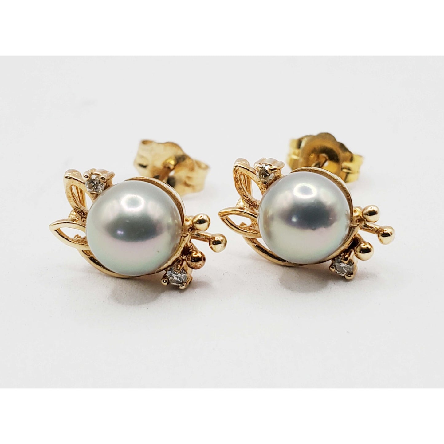 Nabco 6mm Akoya Grey Pearl & Diamond Accent Leaf Earrings 14k Gold