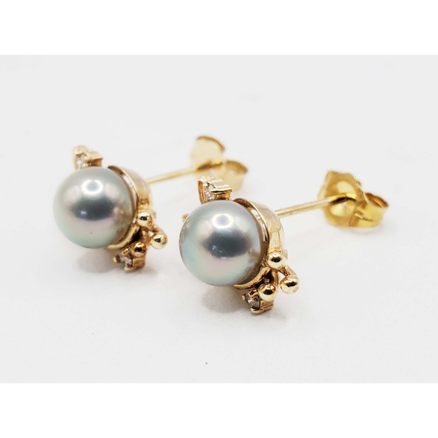 Nabco 6mm Akoya Grey Pearl & Diamond Accent Leaf Earrings 14k Gold