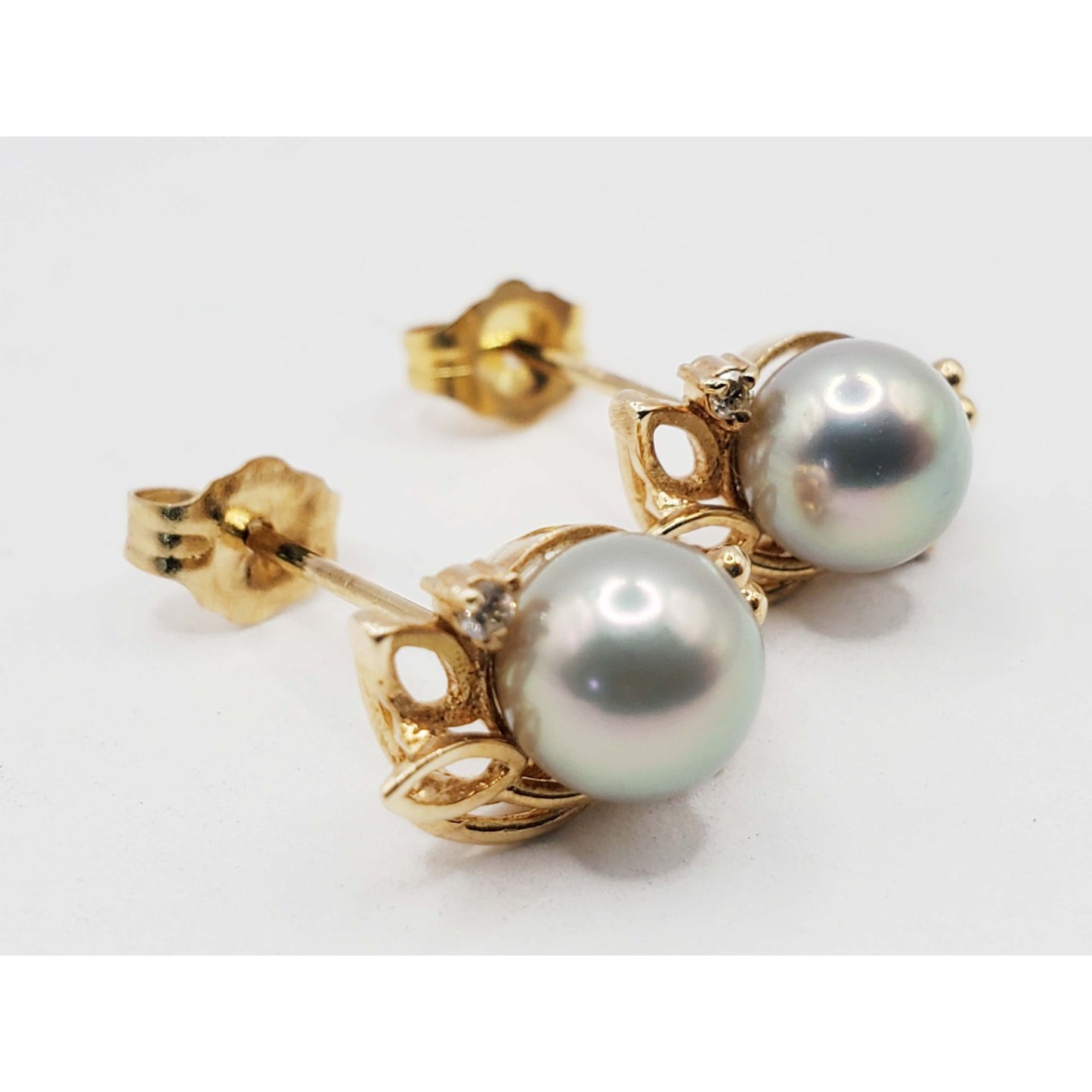 Nabco 6mm Akoya Grey Pearl & Diamond Accent Leaf Earrings 14k Gold