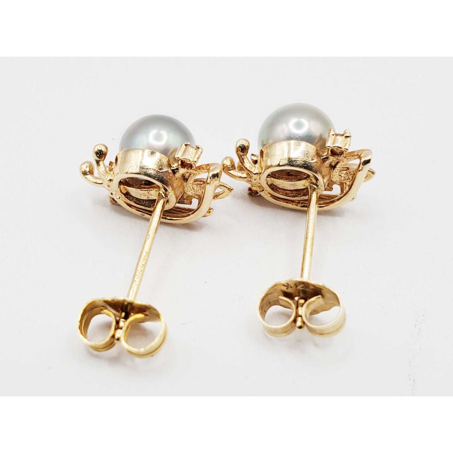 Nabco 6mm Akoya Grey Pearl & Diamond Accent Leaf Earrings 14k Gold
