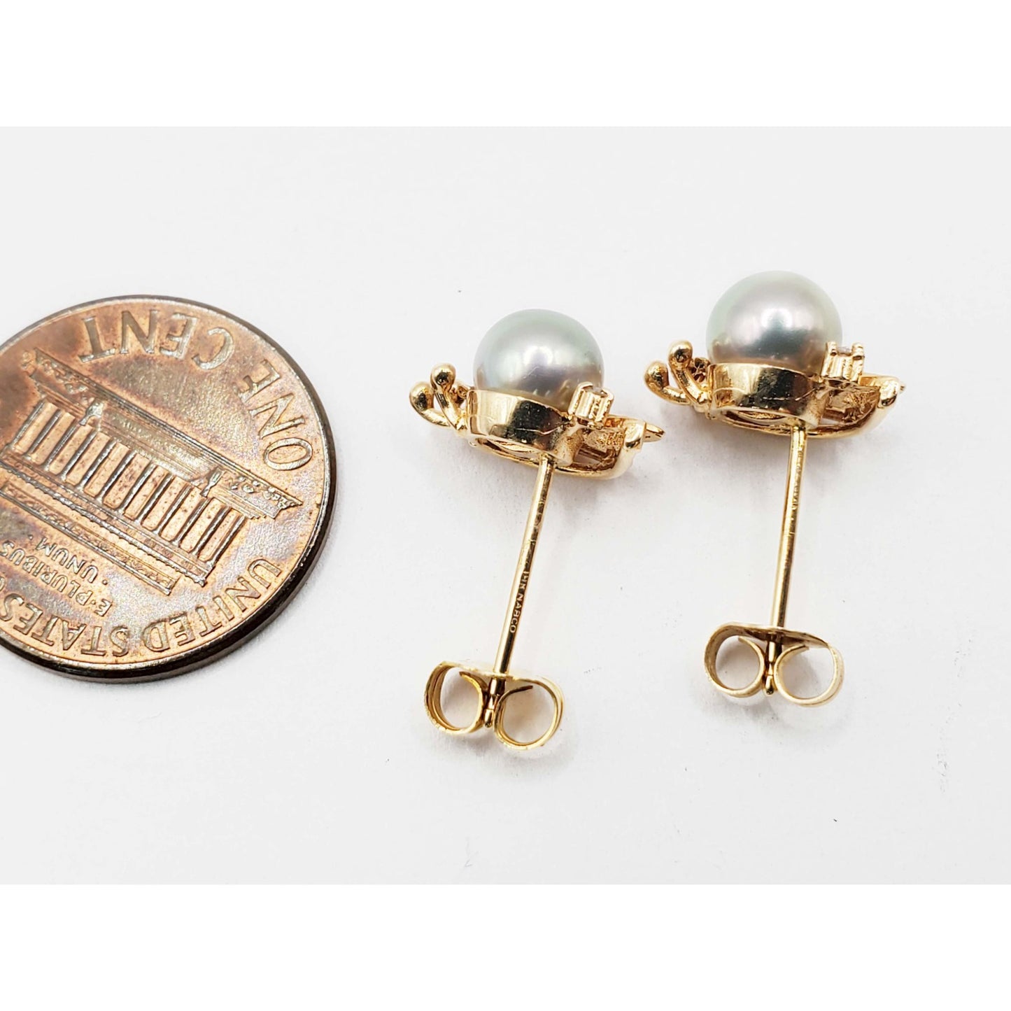 Nabco 6mm Akoya Grey Pearl & Diamond Accent Leaf Earrings 14k Gold