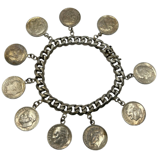 Vintage Silver Roosevelt Dime Sterling Silver Charm Bracelet