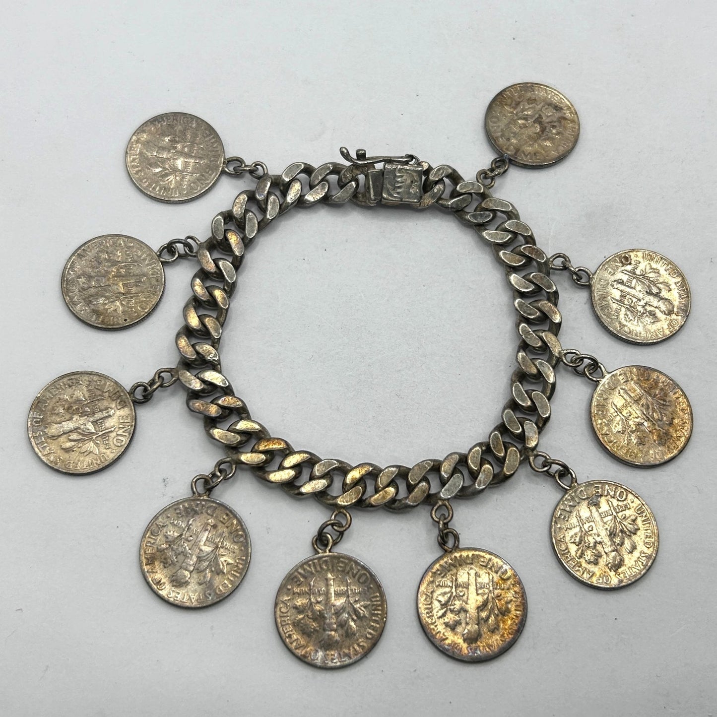 Vintage Silver Roosevelt Dime Sterling Silver Charm Bracelet