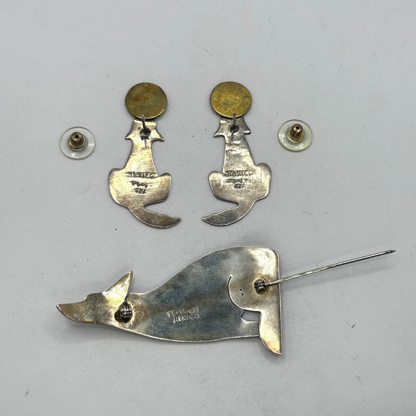 Vintage Taxco Mexico Coyote Brooch & Stud Earrings 925 Sterling Silver