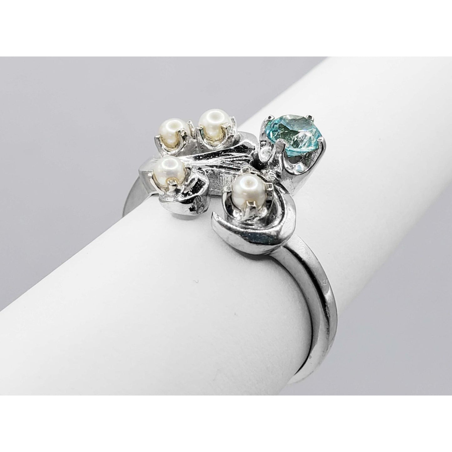 Vintage Blue Natural Zircon & Pearl Band Ring 14k White Gold Size 10