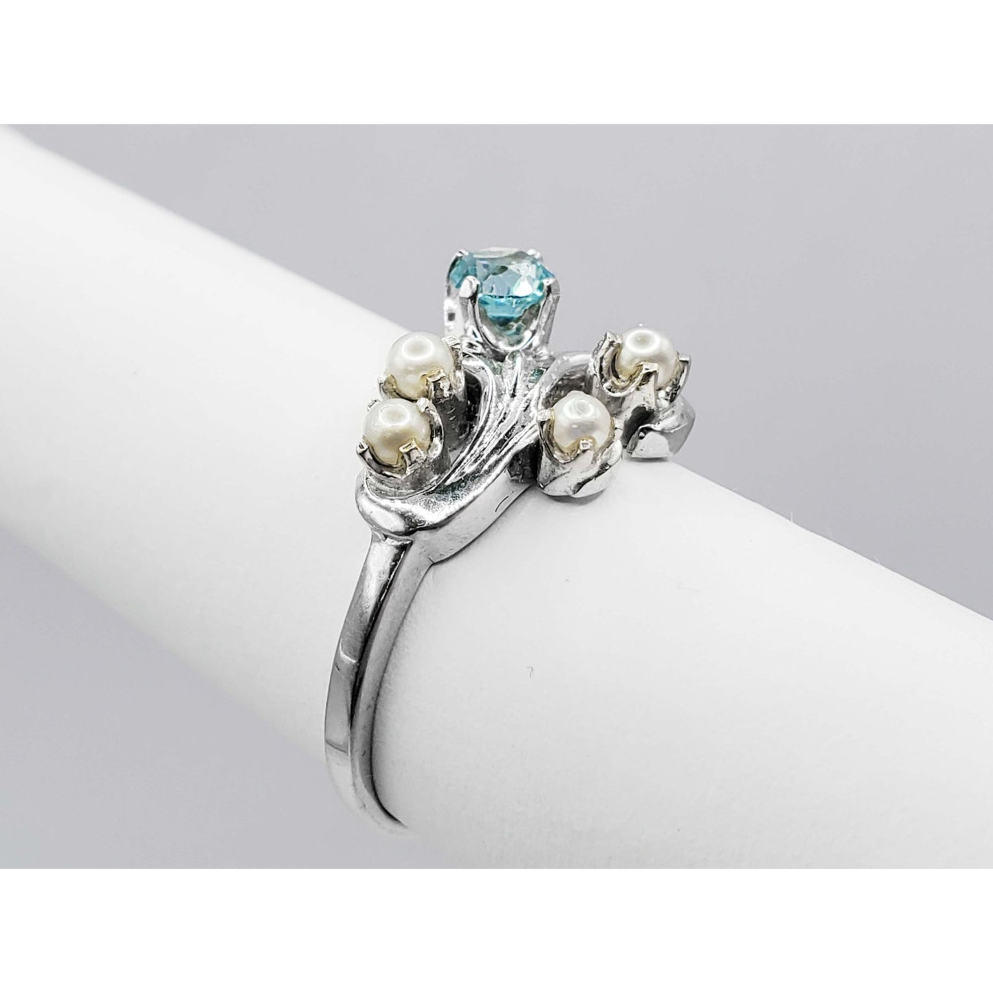 Vintage Blue Natural Zircon & Pearl Band Ring 14k White Gold Size 10