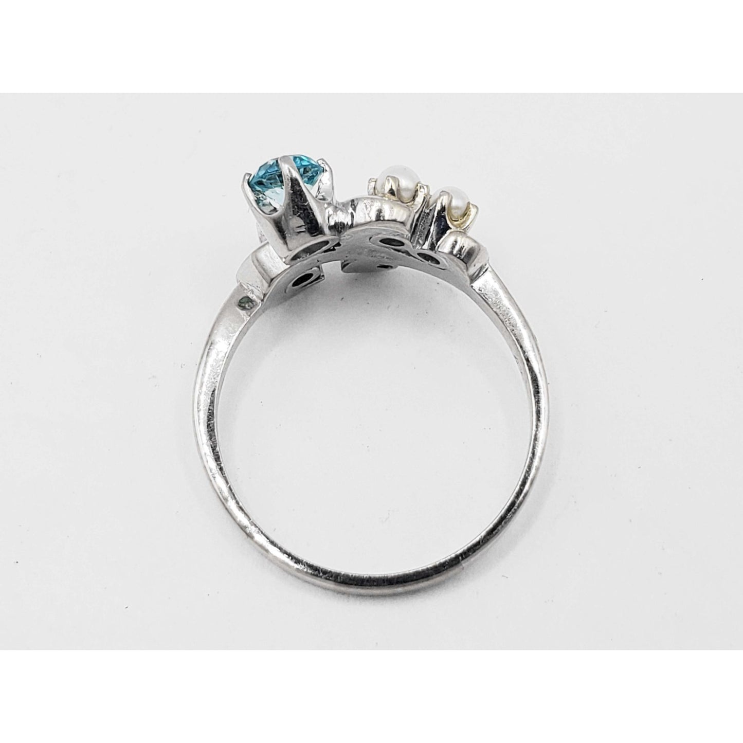 Vintage Blue Natural Zircon & Pearl Band Ring 14k White Gold Size 10