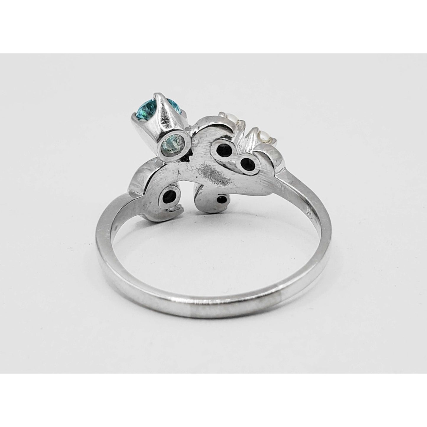 Vintage Blue Natural Zircon & Pearl Band Ring 14k White Gold Size 10