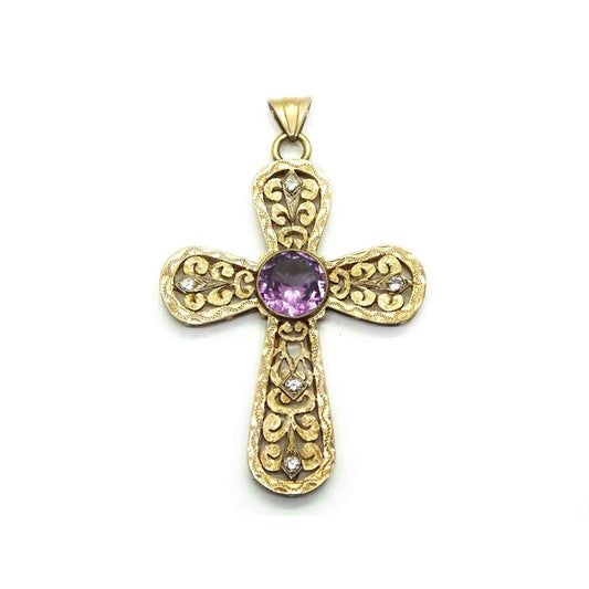 Synthetic Alexandrite & Natural Diamond Rounded Filigree Cross Pendant 14k Gold