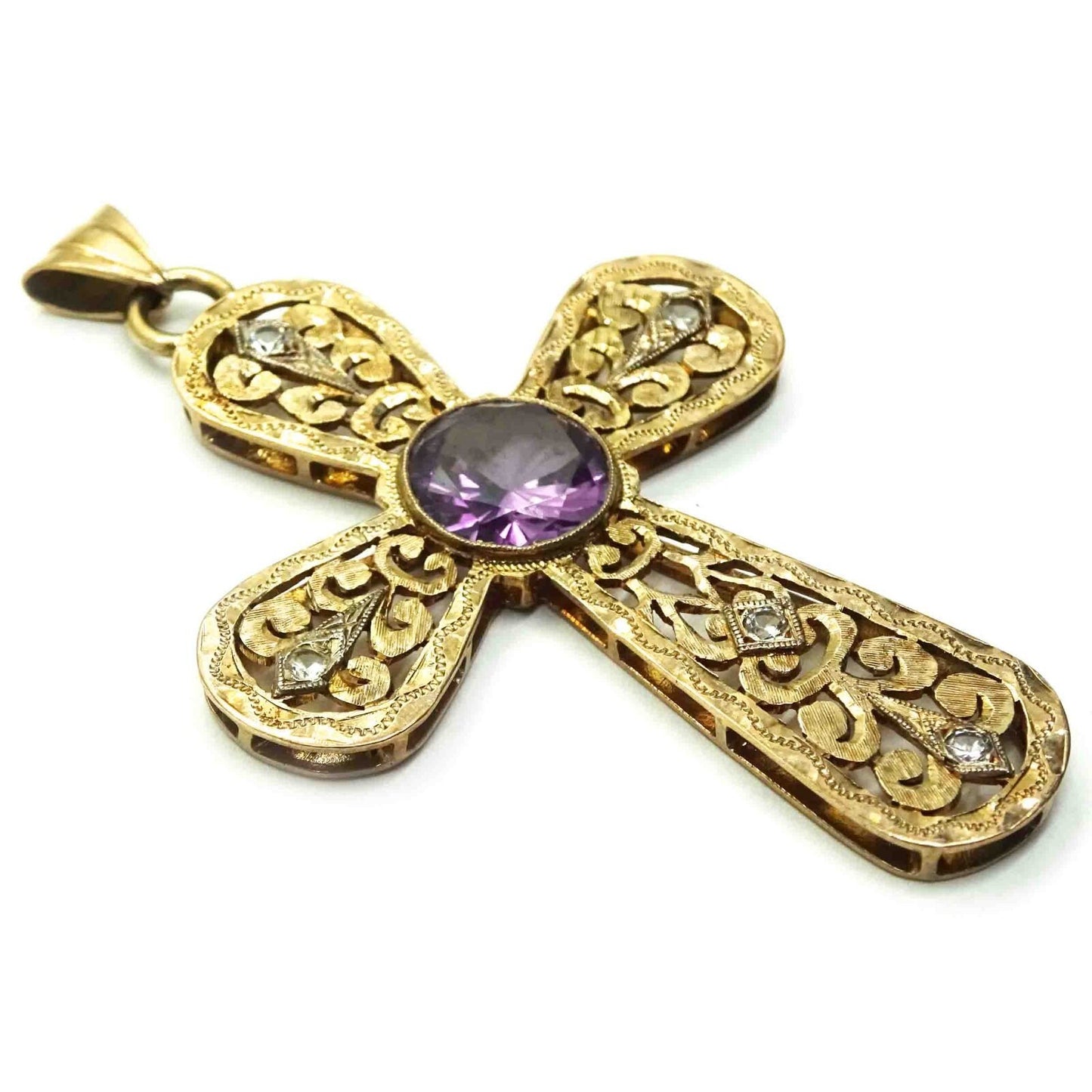 Synthetic Alexandrite & Natural Diamond Rounded Filigree Cross Pendant 14k Gold