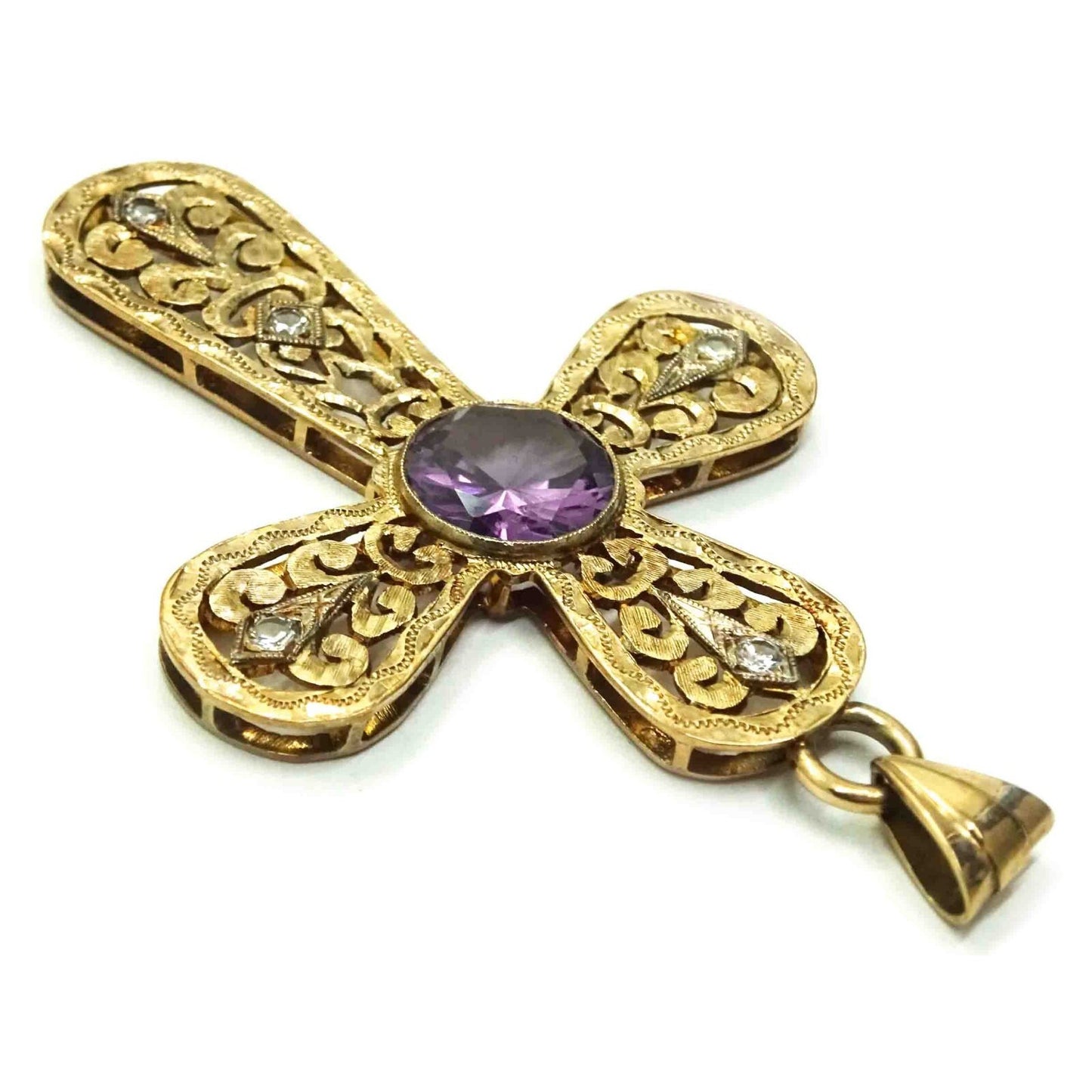 Synthetic Alexandrite & Natural Diamond Rounded Filigree Cross Pendant 14k Gold