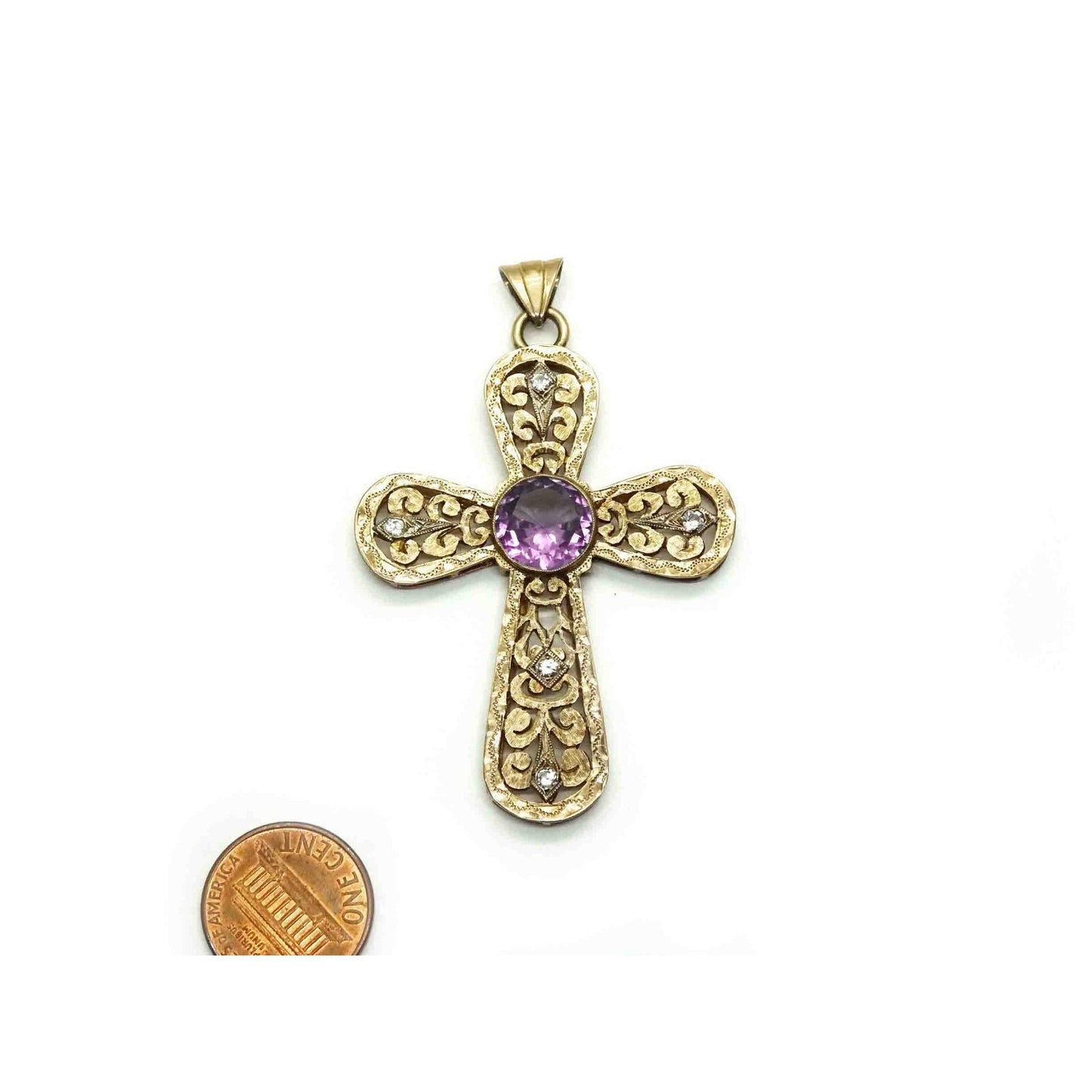 Synthetic Alexandrite & Natural Diamond Rounded Filigree Cross Pendant 14k Gold