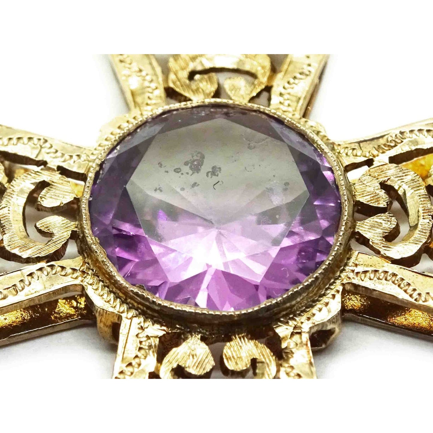 Synthetic Alexandrite & Natural Diamond Rounded Filigree Cross Pendant 14k Gold