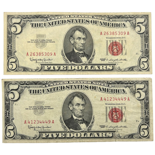LOT OF 2 1963 $5 Five Dollar Red Seal US Note Granaham Dillon