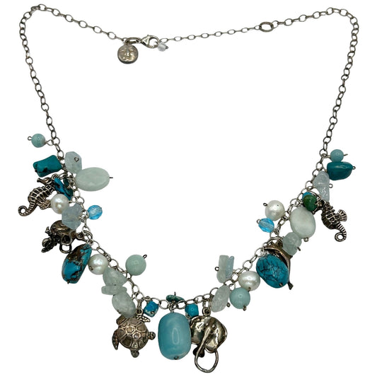 Sajen Aquamarine, Turquoise & Pearl Sterling Silver Necklace w Sea Animal Charms