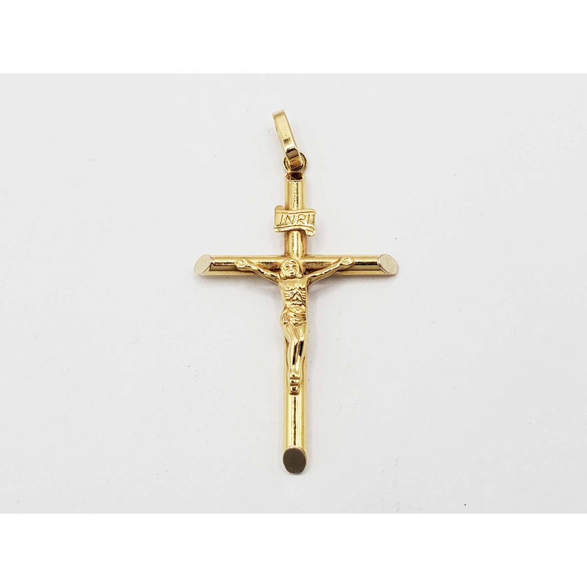 Jesus Christ Christian Crucifix Cross Pendant Round Tube Slant Ends 14k Gold