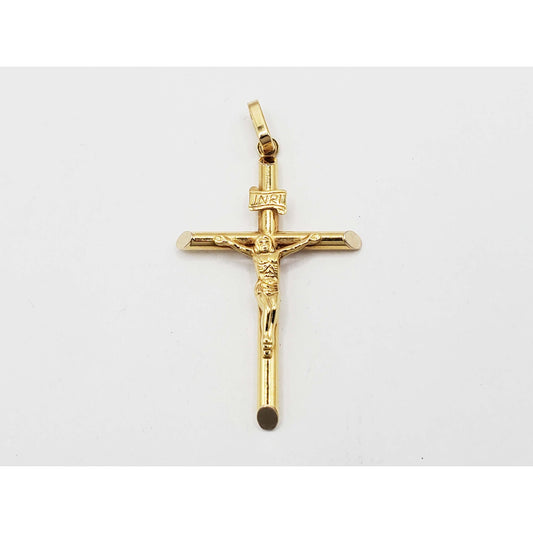 Jesus Christ Christian Crucifix Cross Pendant Round Tube Slant Ends 14k Gold