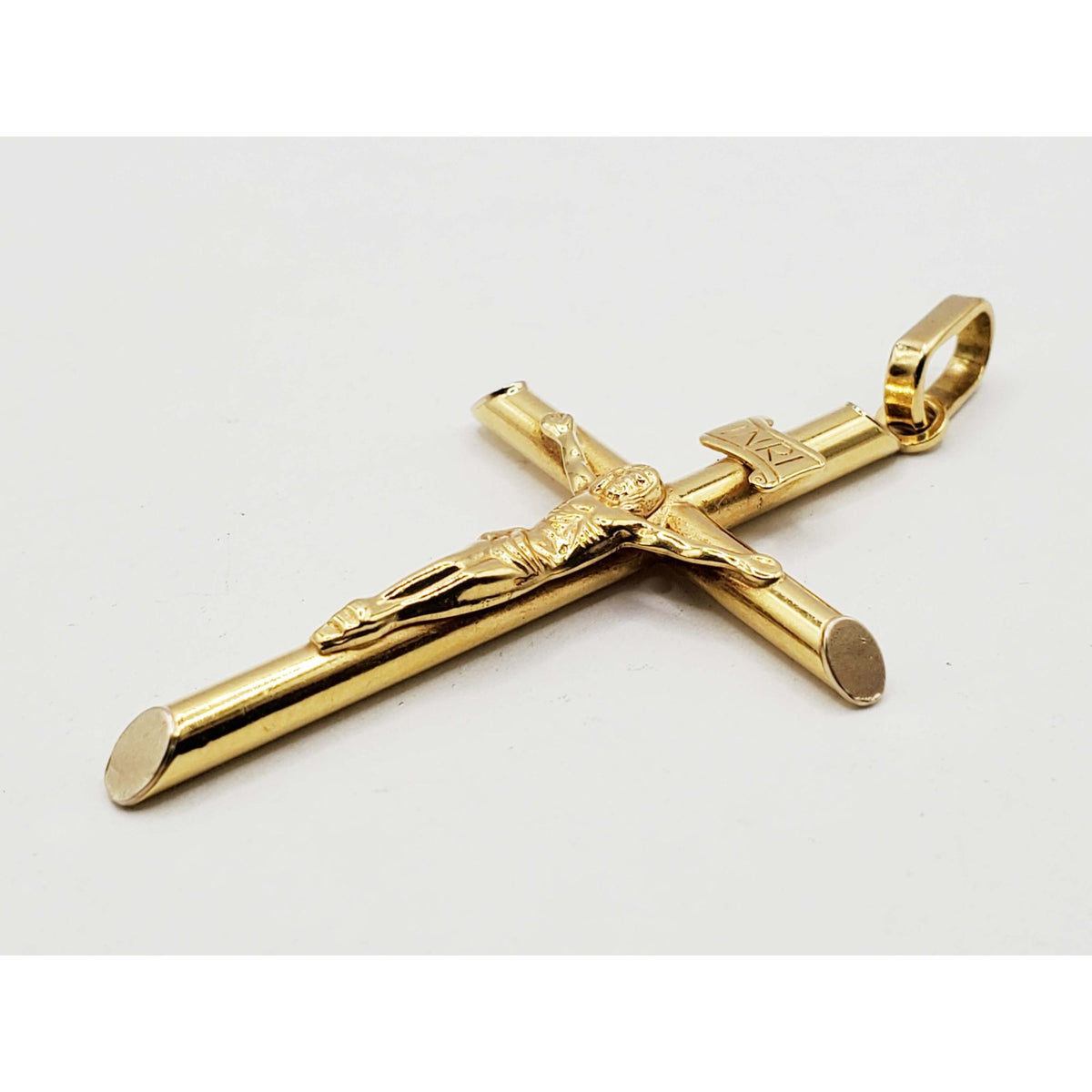 Jesus Christ Christian Crucifix Cross Pendant Round Tube Slant Ends 14k Gold