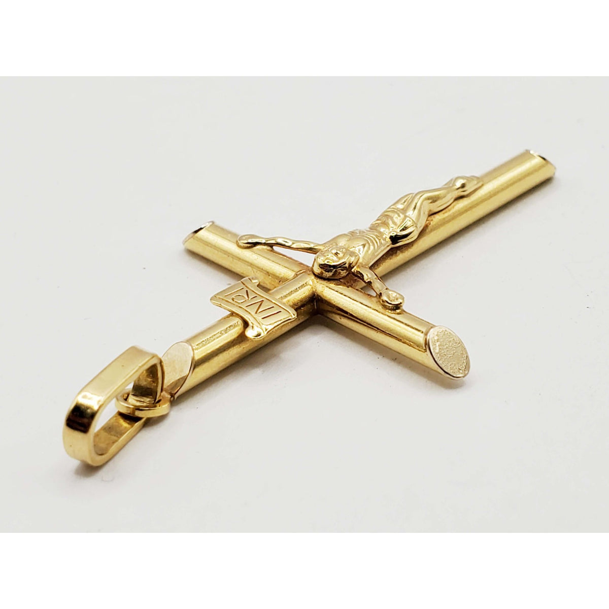 Jesus Christ Christian Crucifix Cross Pendant Round Tube Slant Ends 14k Gold
