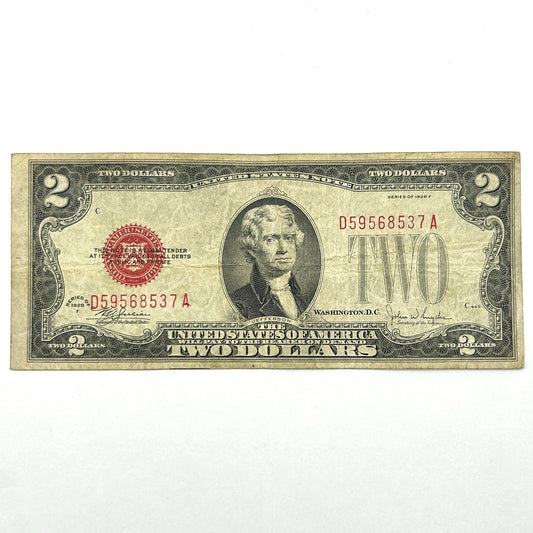 1928-F $2 Two Dollar Bill Red Seal United States Note - Off Center Error