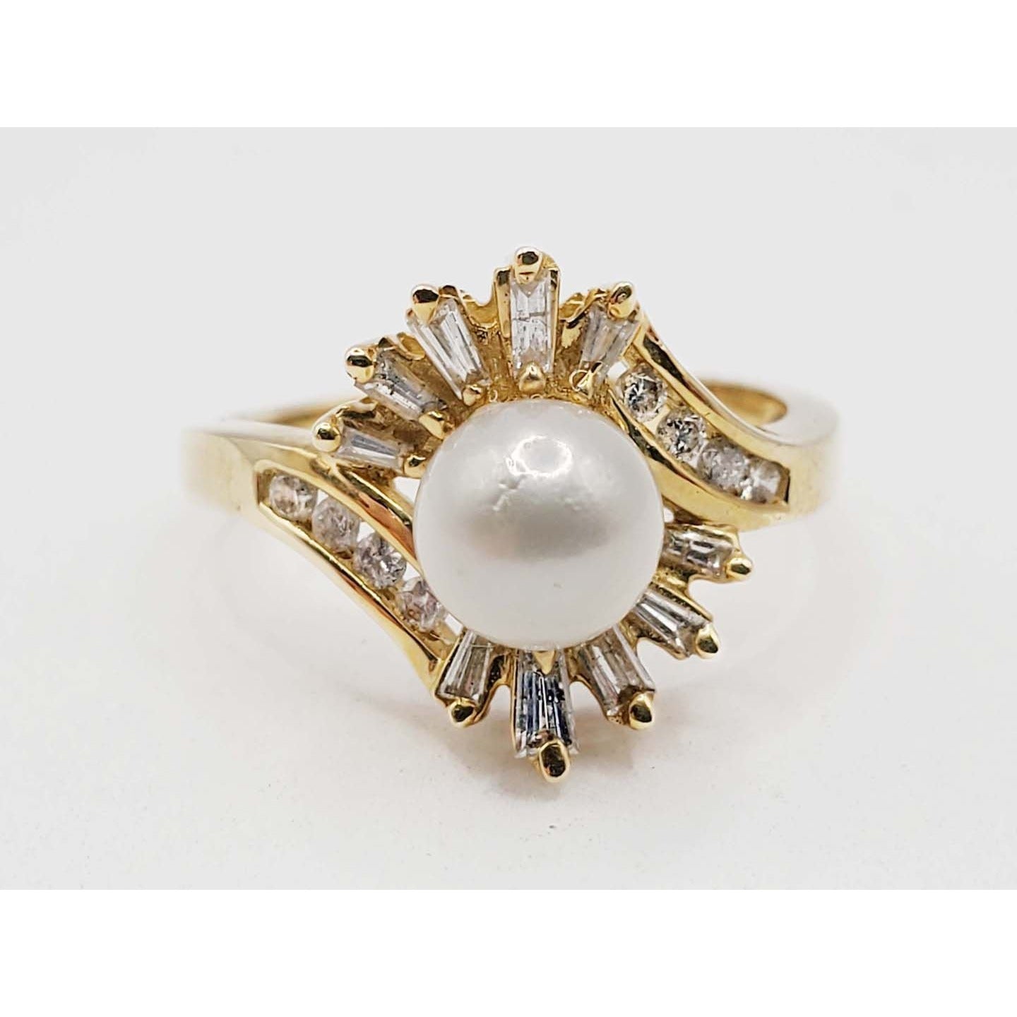 6.8mm Cultured Pearl & Diamond Halo Bypass Burst Ring 14k Gold Size 8