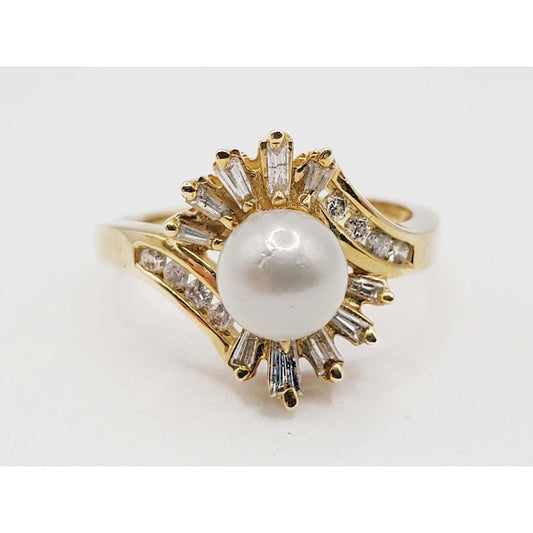 6.8mm Cultured Pearl & Diamond Halo Bypass Burst Ring 14k Gold Size 8
