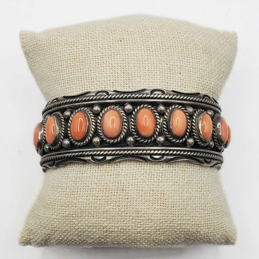 George Begay Navajo Salmon Pink Coral Cabochon Cuff Bracelet Sterling Silver